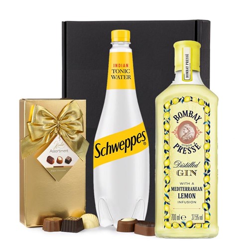 Bombay Citron Presse Lemon Gin 70cl with Schweppes Tonic & Chocolates Gift Box | Spirit Mixer Set